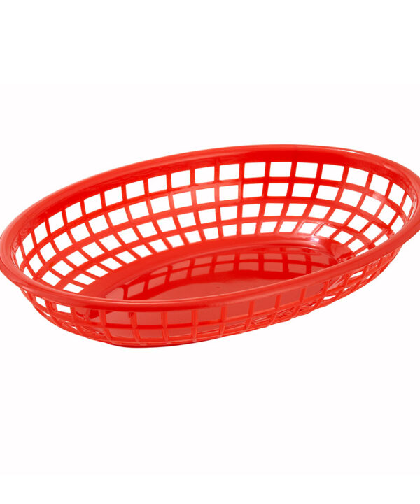 Winco PFB-10R oval fast food basket in red, top angled view