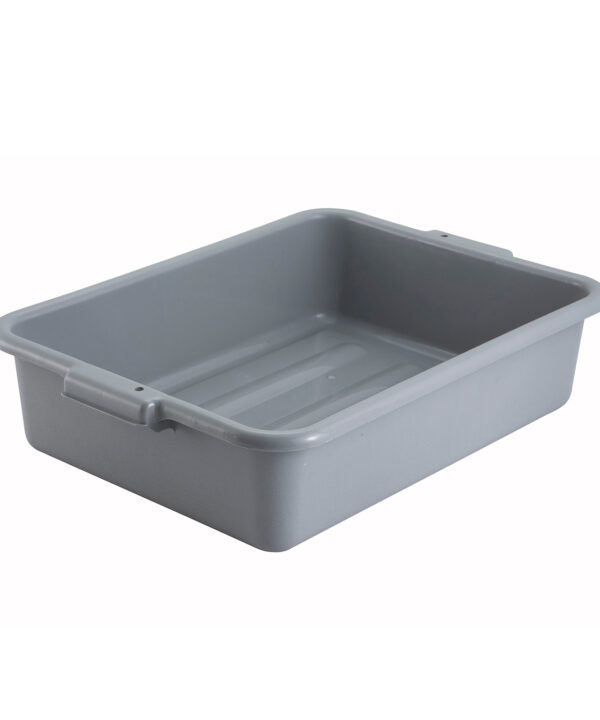 Winco PL-5G dish box bus tub in gray polypropylene, angled front view