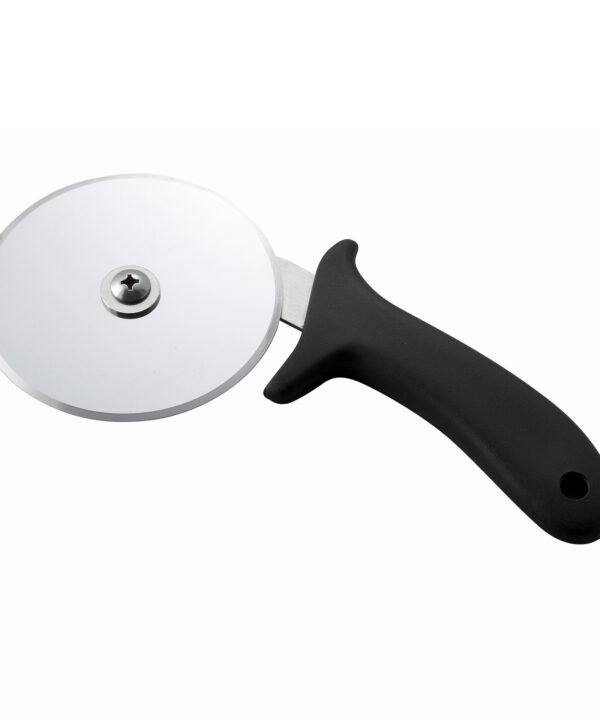 Winco PPC-4 pizza cutter with 4-inch stainless steel wheel and black polypropylene handle, side view