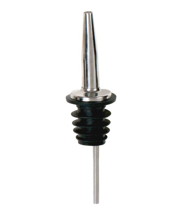Winco PPM-4 tapered liquor pourer in stainless steel, full view of spout and breather tube