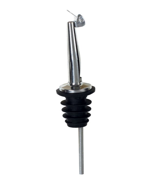 Winco PPM-4C stainless steel tapered liquor pourer with hinged flip cap, front view