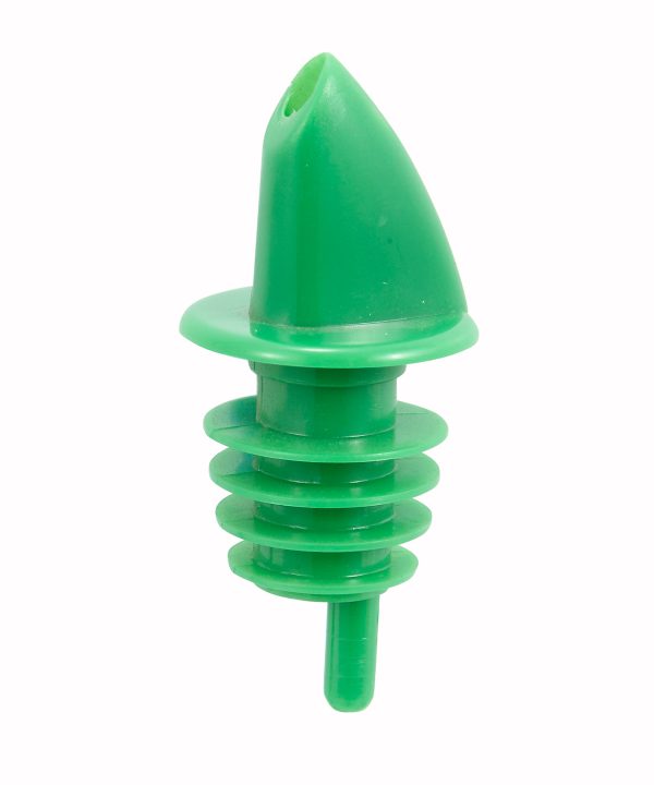 Winco PPR-2G free-flow liquor pourer in green plastic, front view