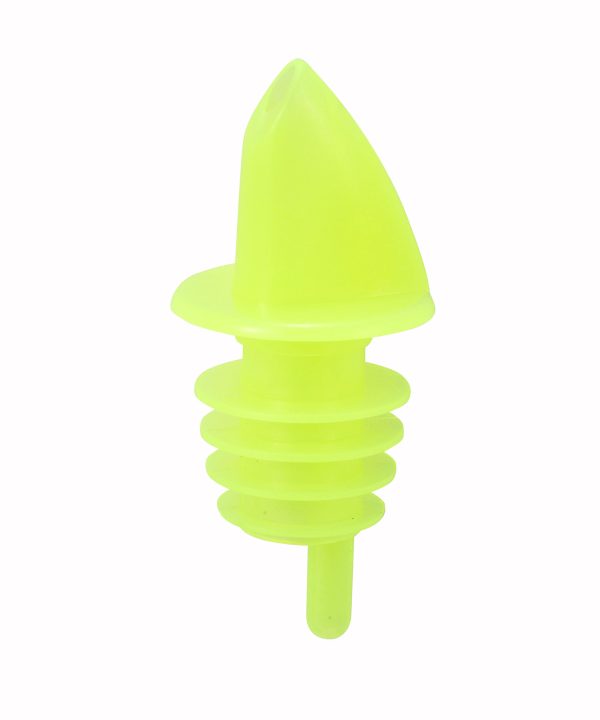 Winco PPR-2Y free-flow liquor pourer in yellow plastic, side view