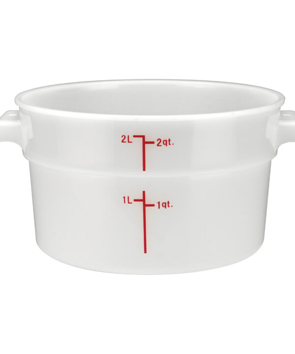 Winco PPRC-2W 2 qt. round food storage container in white polypropylene, front view