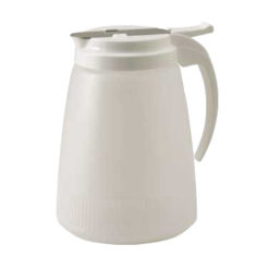 Winco PSUD-48 48 oz. plastic syrup dispenser in white with stainless steel slide lid, front view