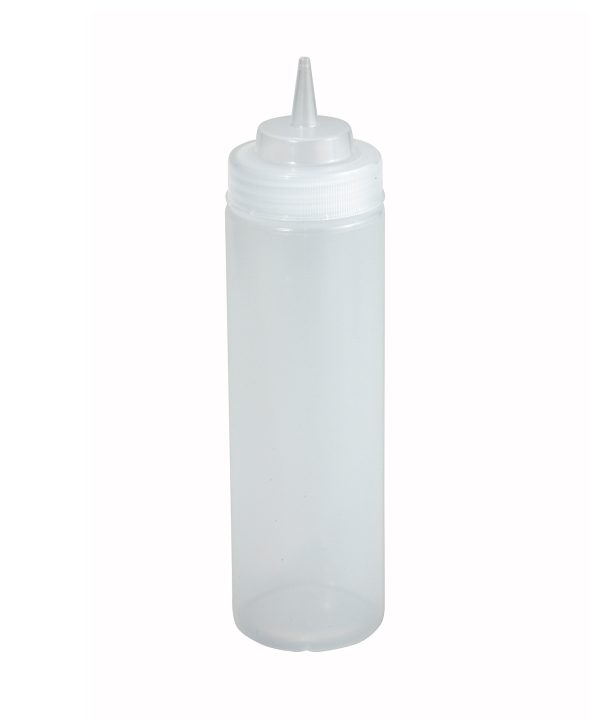 Winco PSW-24 24 oz wide-mouth squeeze bottle in clear plastic, front view