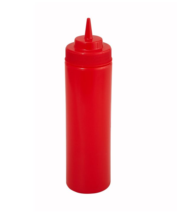 Winco PSW-24R 24 oz wide-mouth squeeze bottle in red, front view