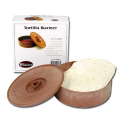 Winco PTW-8 round tortilla warmer in brown plastic, lid-on front view