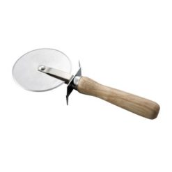 Winco PWC-4 4-inch pizza cutter with stainless steel wheel and wood handle, side view
