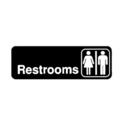 Winco SGN-313 Restrooms information sign in black plastic with white text, front view