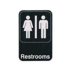 Winco SGN-603 Restrooms information sign in black plastic with white imprint, front view