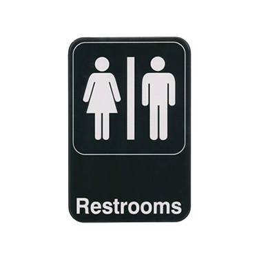 Winco SGN-603 Restrooms Sign, 6"W x 9"H Black Plastic