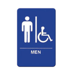 Winco SGNB-652B men restroom sign in blue with white imprint and braille, front view