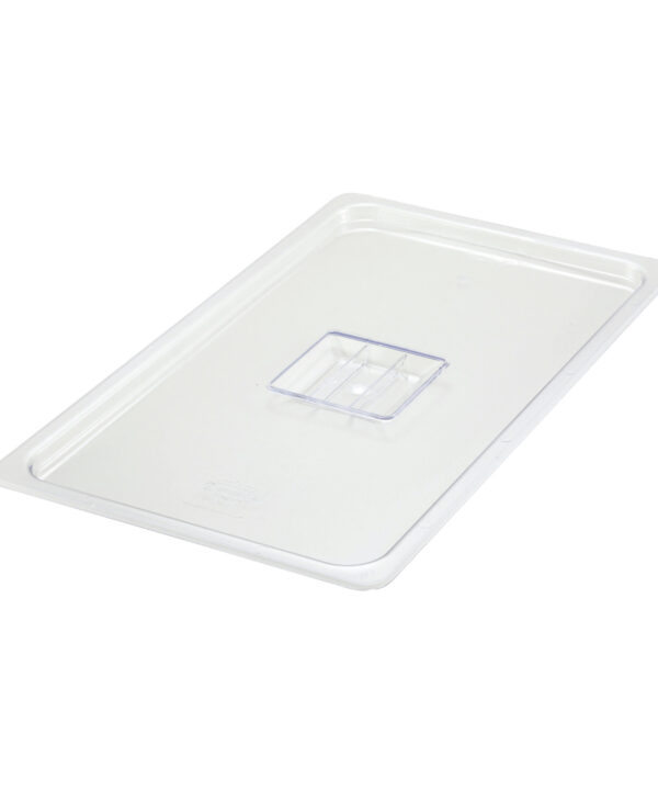 Winco SP7100S full-size solid food pan cover in clear polycarbonate, top view