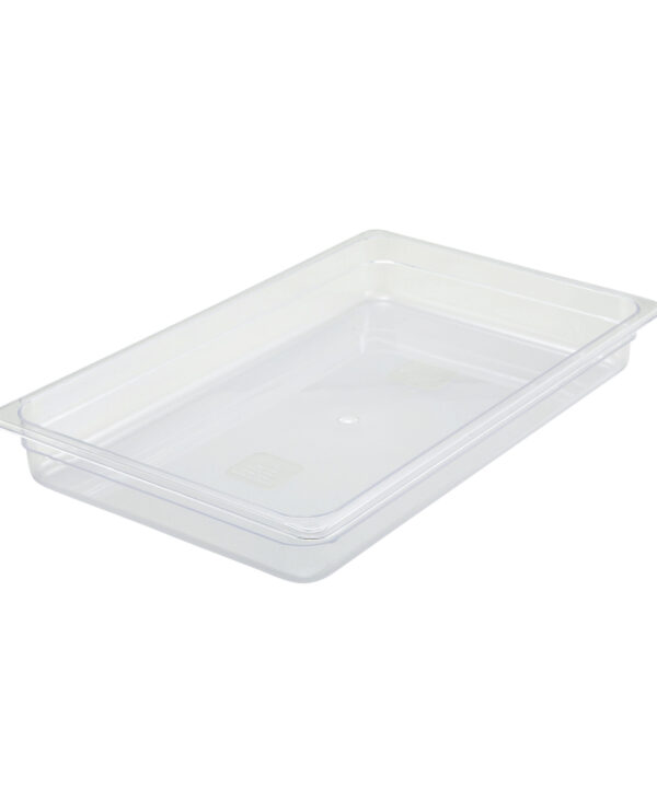 Winco SP7102 full-size polycarbonate food pan in clear, angled view