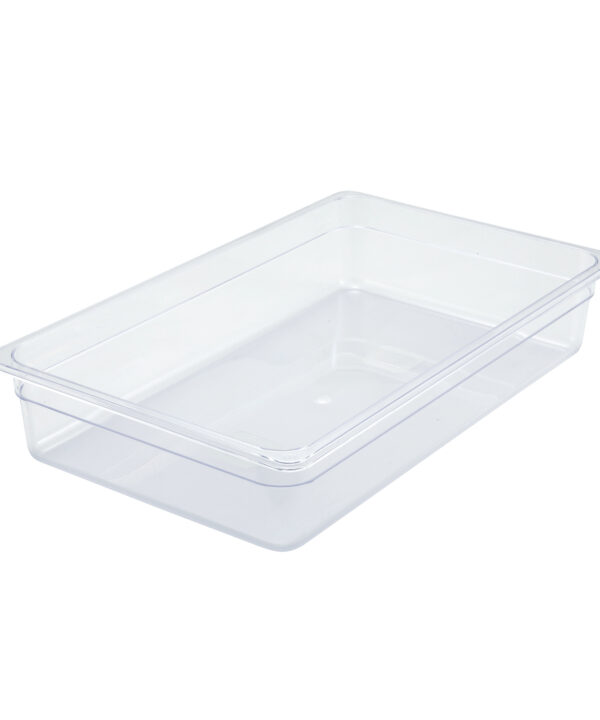 Winco SP7104 full-size polycarbonate food pan in clear, angled front view