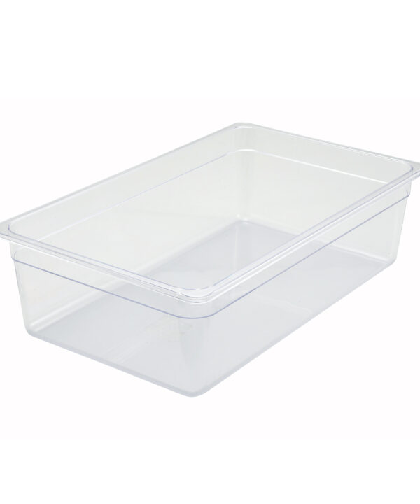Winco SP7106 full-size polycarbonate food pan in clear, front view