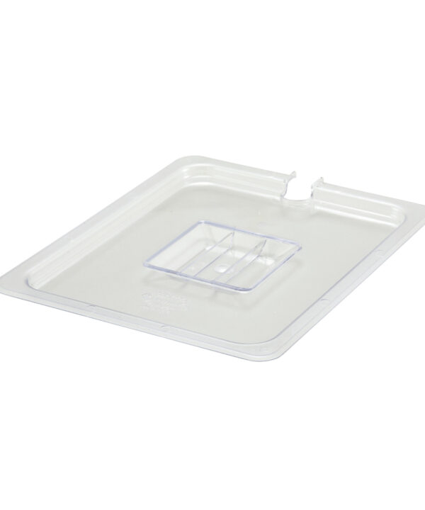Winco SP7200C half-size slotted food pan cover in clear polycarbonate, top view