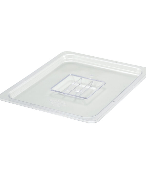 Winco SP7200S half-size solid food pan cover in clear polycarbonate, top view
