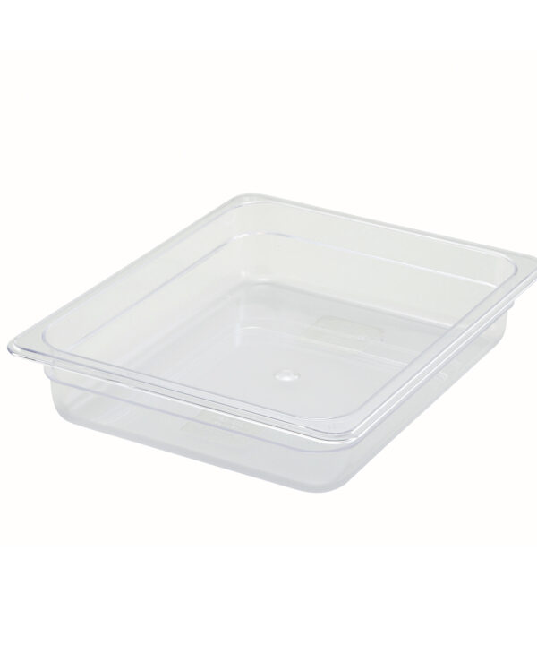 Winco SP7202 half-size polycarbonate food pan in clear, front view