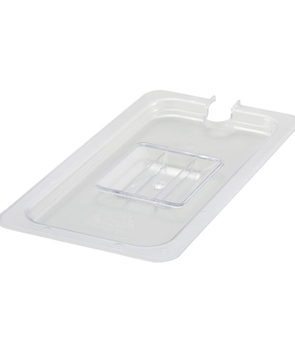 Winco SP7300C 1/3 size slotted food pan cover in clear polycarbonate, top view
