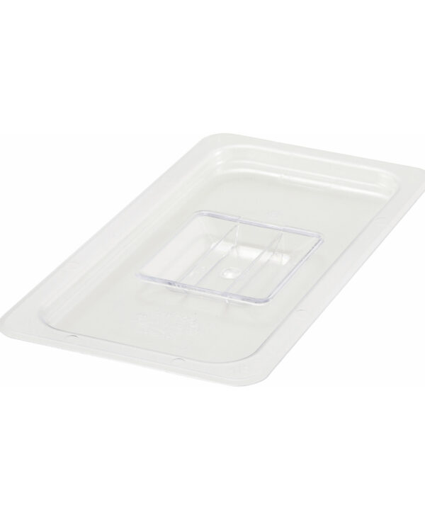 Winco SP7300S 1/3 size solid food pan cover in clear polycarbonate, top view