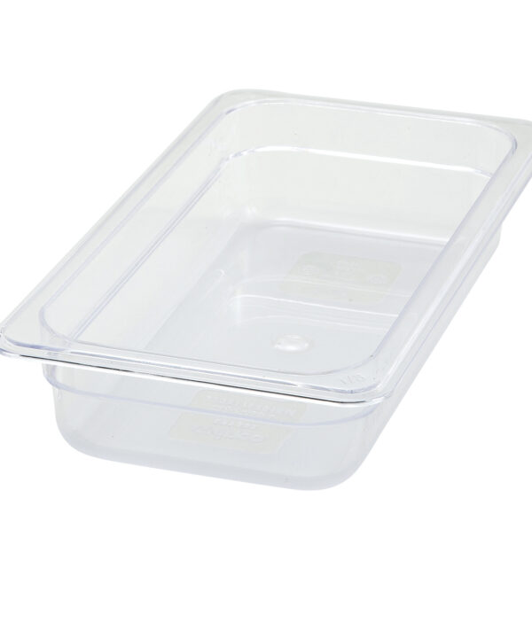 Winco SP7302 1/3 size polycarbonate food pan in clear, front view