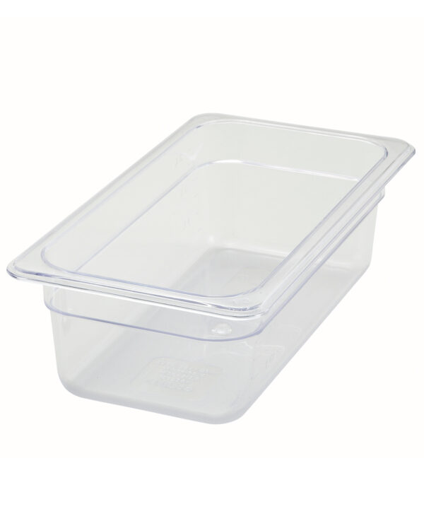 Winco SP7304 1/3 size polycarbonate food pan in clear, front view