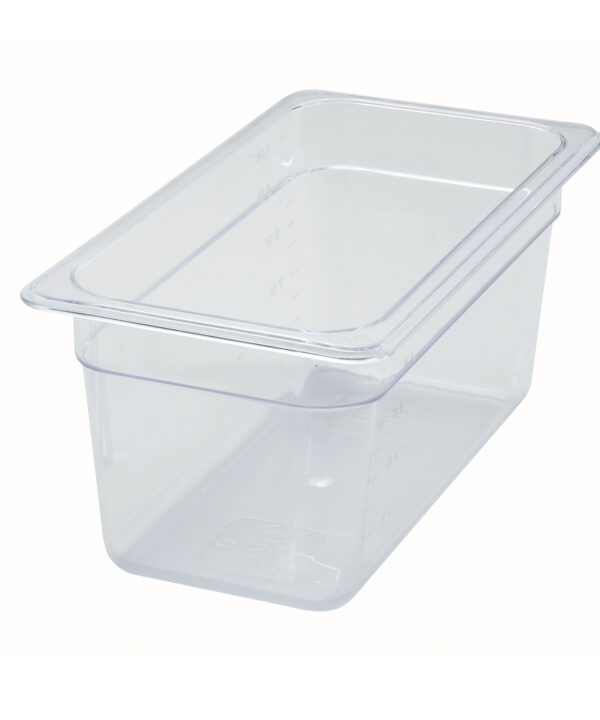 Winco SP7306 1/3 size polycarbonate food pan in clear, front view