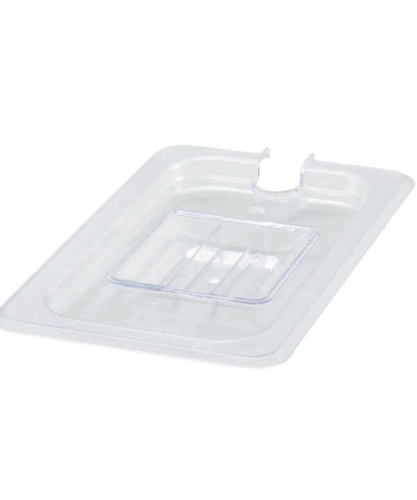 Winco SP7400C 1/4 size slotted food pan cover in clear polycarbonate, top view