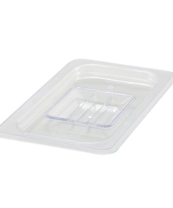 Winco SP7400S quarter-size solid food pan cover in clear polycarbonate, top view