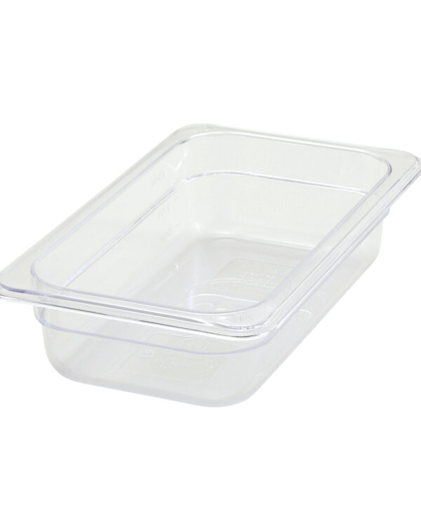 Winco SP7402 1/4 size polycarbonate food pan in clear, angled view