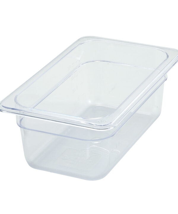 Winco SP7404 1/4 size polycarbonate food pan in clear, angled view