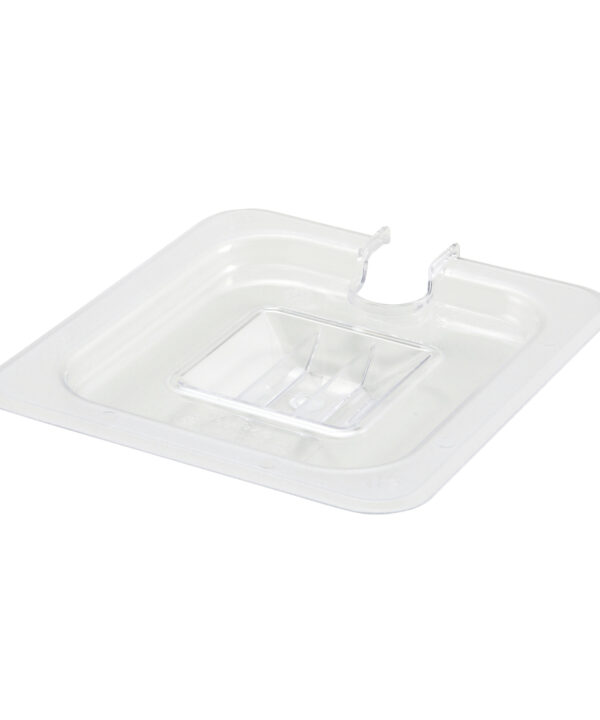 Winco SP7600C 1/6 size slotted food pan cover in clear polycarbonate, top view