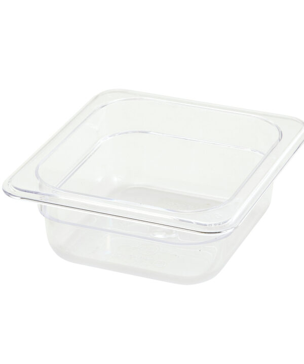 Winco SP7602 1/6 size polycarbonate food pan in clear, angled view