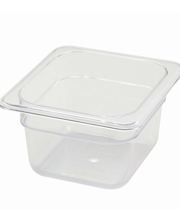 Winco SP7604 1/6 size polycarbonate food pan in clear, front view