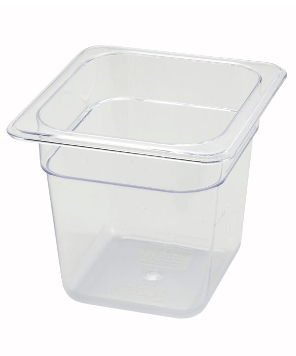 Winco SP7606 1/6 size polycarbonate food pan in clear, 5.5 inch deep, angled view