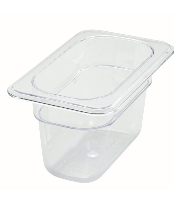 Winco SP7904 1/9 size polycarbonate food pan in clear, angled front view