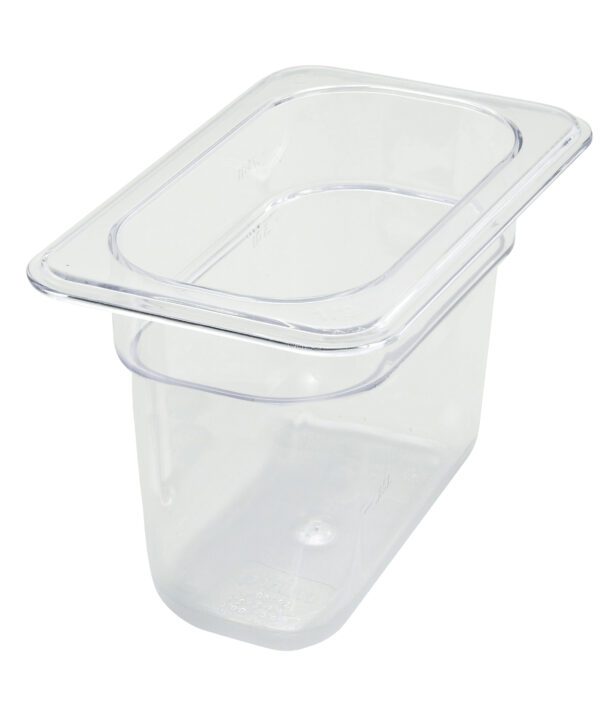 Winco SP7906 1/9 size polycarbonate food pan in clear, front view