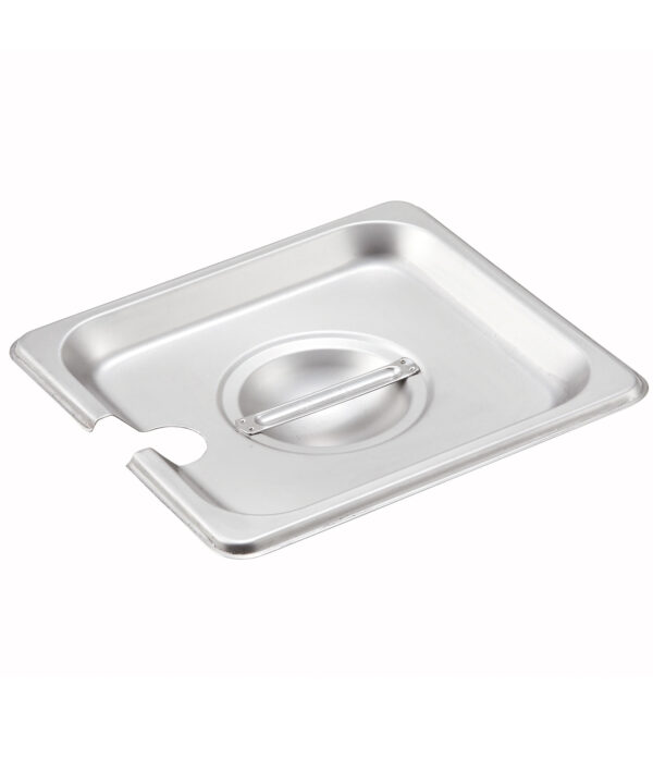 Winco SPCS 1/6 size slotted steam table pan cover in stainless steel, top view