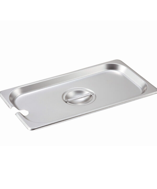 Winco SPCT 1/3 size slotted steam table pan cover in stainless steel, top view