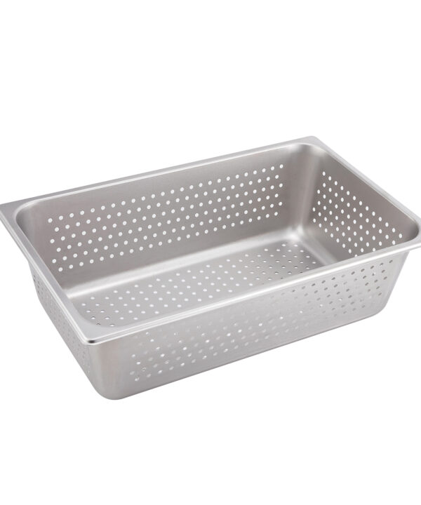 Winco SPFP6 full size perforated steam table pan in stainless steel, angled view