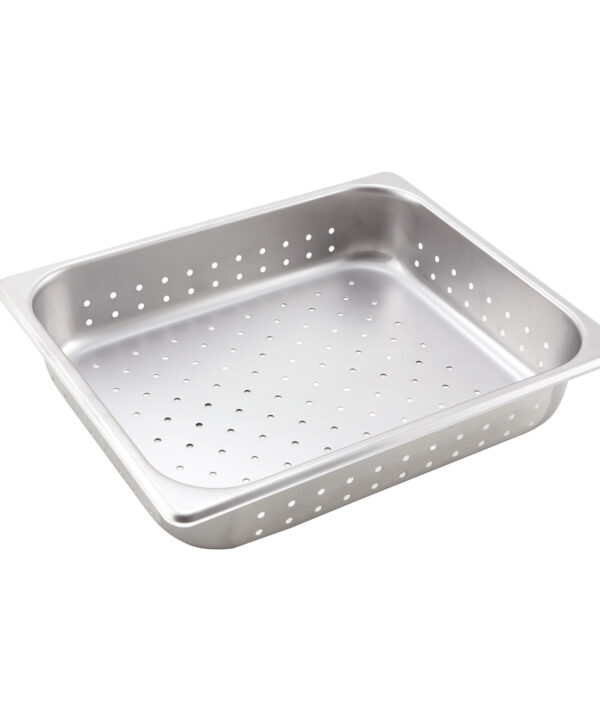 Winco SPHP2 half size perforated steam table pan in stainless steel, angled view