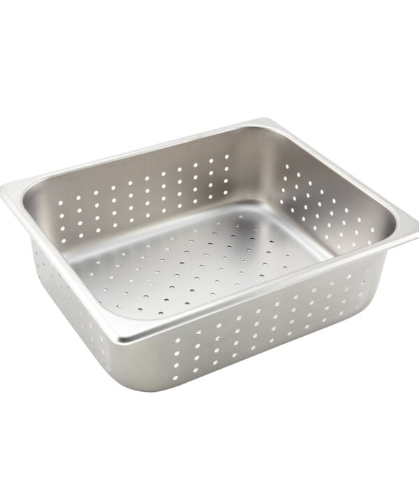 Winco SPHP4 half size perforated steam table pan in stainless steel, angled view