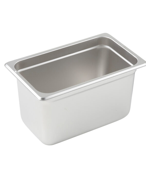 Winco SPJL-406 1/4 size steam table pan in stainless steel, angled front view