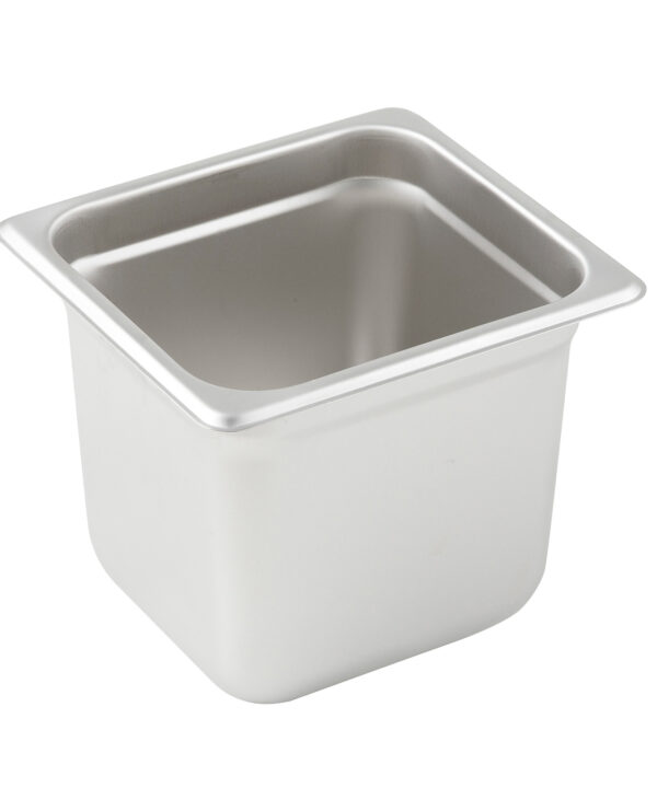 Winco SPJL-606 1/6 size steam table pan in stainless steel, 6 inch deep, angled view