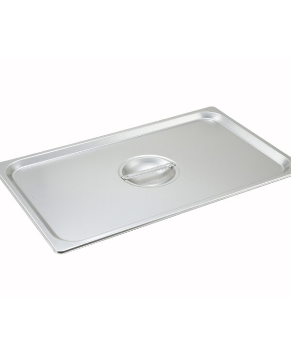 Winco SPSCF full-size solid steam table pan cover in stainless steel, top view