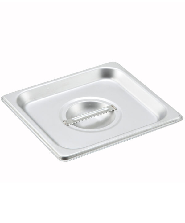 Winco SPSCS 1/6 size solid steam table pan cover in 18/8 stainless steel, top view