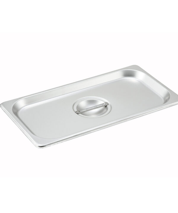 Winco SPSCT 1/3 size solid steam table pan cover in stainless steel, top view with center handle