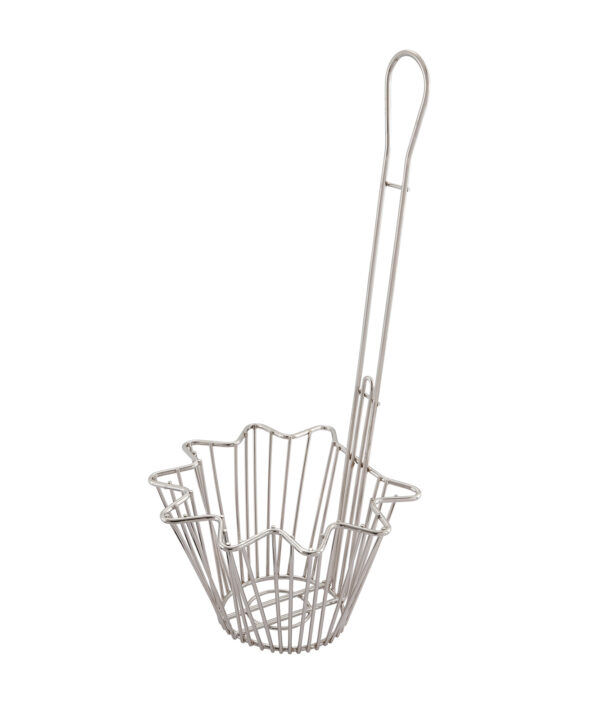 Winco TB-20 round taco salad bowl fry basket in nickel-plated steel, angled view